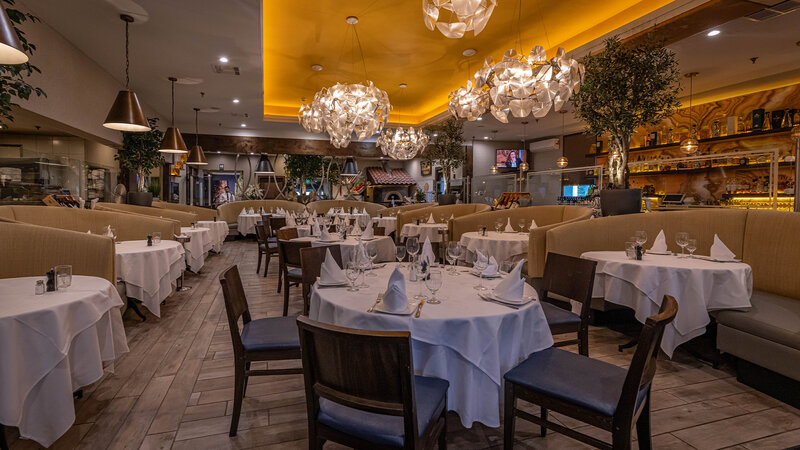 Main dining room with set tables